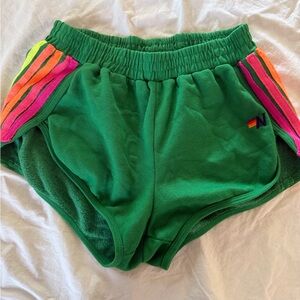 Aviator Nation Green Athletic Shorts with Rainbow Stripes